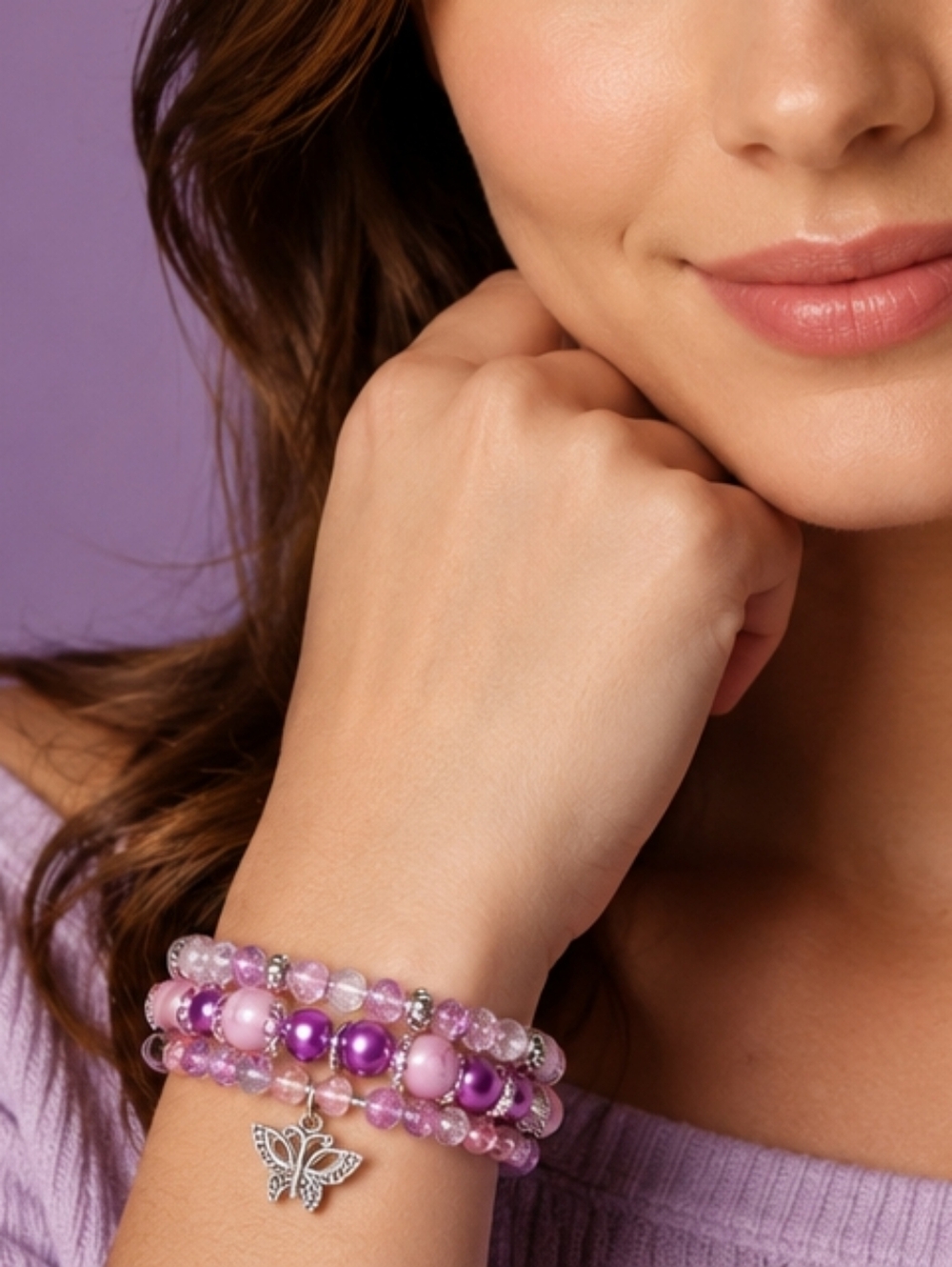 Purple Beaded Butterfly Charm Bracelet Stack Set